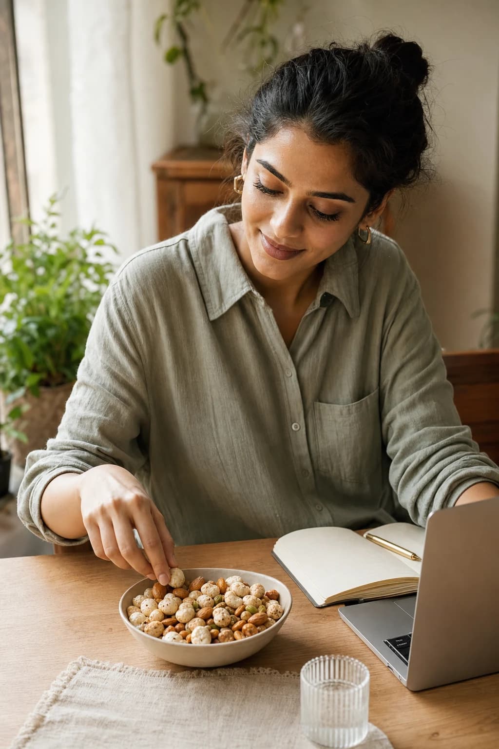 An urban Indian woman enjoying a bowl of roasted snacks while working at home