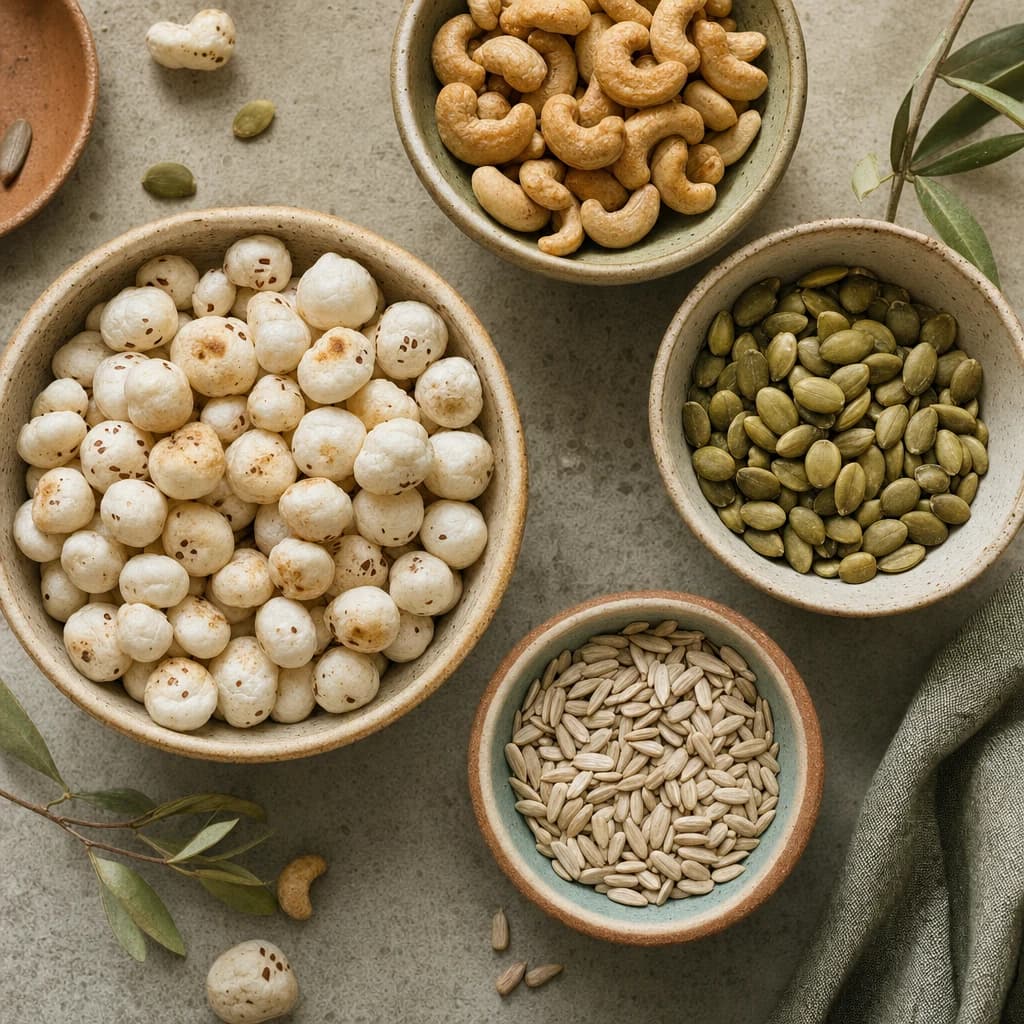 Roasted makhana, cashews and seeds arranged in small ceramic bowls